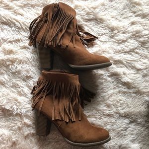 Tan booties with tassels